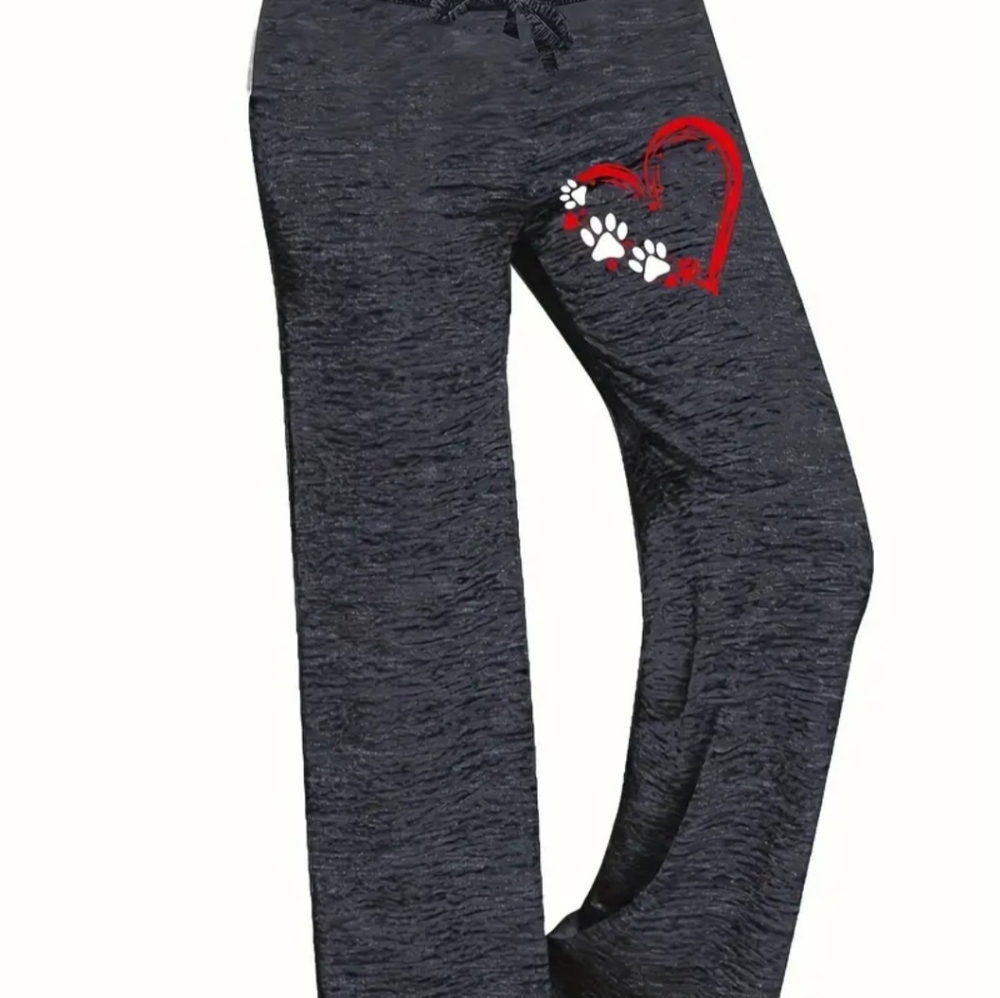 Heart and Paw print drawstring pants, casual wide leg pants. Size M